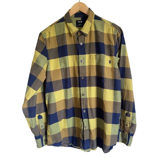 Oakley Size Medium Yellow Black Plaid Button Up Long Sleeve Collared Shirt 100% - Picture 1 of 8